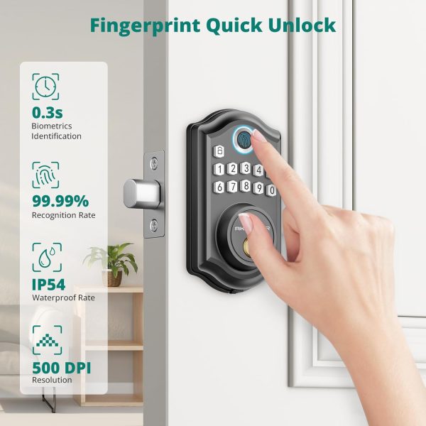 DS10 Pro Keyless Entry Door Lock, Fingerprint Door Lock, Electronic Keypad Lock, Smart Deadbolt, Smart Locks for Front Door, Auto-Lock & One Touch Locking with Bluetooth - Matte Black - Image 2