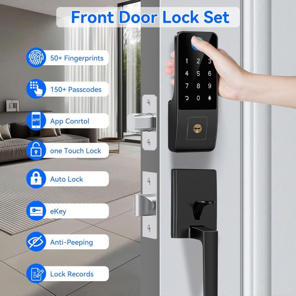 Smart Lock for Front Door,5-in-1 Keyless Entry Door Lock Deadbolt,APP Controll Keypad Deadbolt Lock with Handle,Smart Digital Code Deadbolt,Black - Image 2