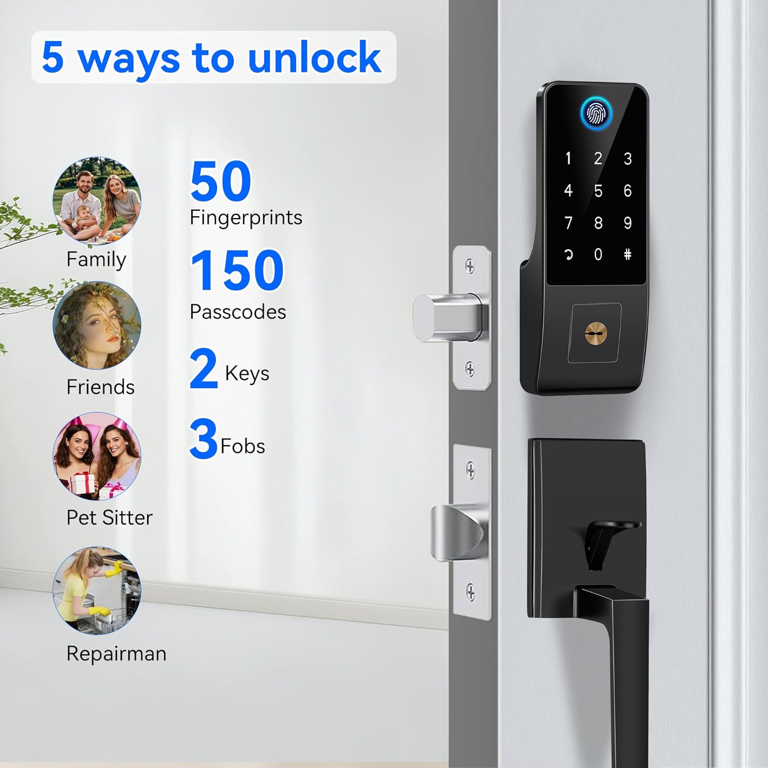 Smart Lock for Front Door,5-in-1 Keyless Entry Door Lock Deadbolt,APP Controll Keypad Deadbolt Lock with Handle,Smart Digital Code Deadbolt,Black - Image 3